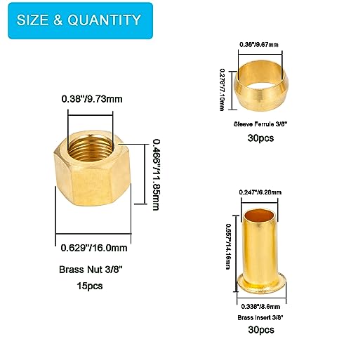 75pcs 3/8 Assortment Kit Brass Compression Sleeves Ferrules & Insert &Nuts - size: 75 pcs, 3/8"