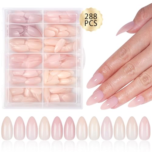 288Pcs Almond Press on Nails Medium Fake Nails 10 Color Nude False Nails Full Cover Acrylic Stick on Nails Nude Nail Press ons Handmade Full Cover Acrylic Glue on Nail for Women Manicure 10 Packs - color: Style 18