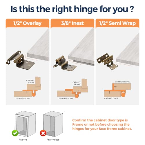 Antique Bronze Cabinet Hinges, 3/8 Inch Inset, 4 Pack(2Pairs) - color: Antique Brass