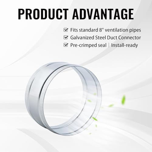8 Inch Round Galvanized Steel Duct Connector - Metal Ventilation Pipe Coupler - Dryer Vent Hose Extension - HVAC Ducting Coupling for Straight Connection - size: 8 Inch