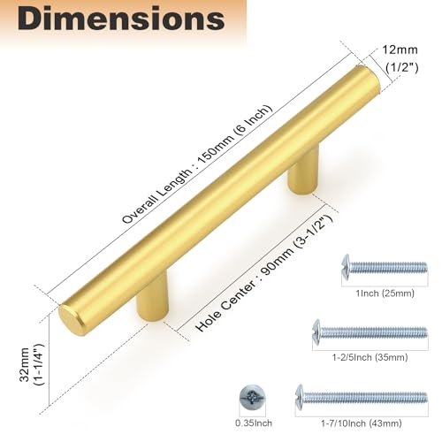 Probrico 5 Pack 3-1/2 Inch Center-to-Center Kitchen Cabinet Pulls T Bar Gold Cabinet Handles Modern Drawer Hardware Dresser Pulls, 6 Inch Total Length - color: Gold, size: hole center 3-1/2"