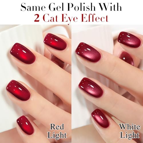 Double Rhythm Jelly Glass Cat Eye Gel Polish with Magnet 15ML Holographic Glitter Shimmer Translucent Sheer Color Magnetic Nail Polish Salon DIY at Home (Red-MC1116) - color: Glass Red
