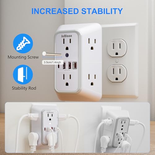 JcBlaon Surge Protector Outlet Extender 6 Outlet Extender with 4 USB Ports (PD 30W), 3 Sided 1050J Multi Plug Wall Adapter Power Strip for Home Travel Office Essentials-ETL - color: White PD30W 1PC