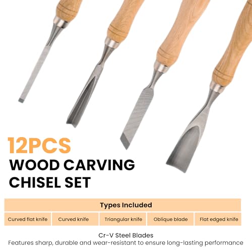 HiSnug Wood Carving Chisel Set - 12pcs Carving Tools Kit with Wooden Case Box, Sharp Alloy Steel Blades Woodworking Knives for Beginners and Professionals