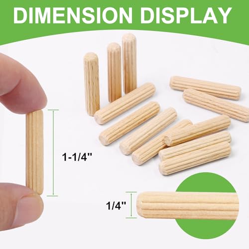1/4" x 1-1/4" Wooden Dowel Pins, FoDau770 Fluted Wood Dowel Rods, Natural Beech Wood Dowel Pegs for Crafts, Woodworking, DIY Furniture - 200 Pieces - size: 1/4" x 1-1/4"