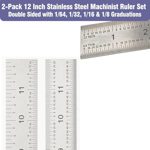12 Inch Machinist Ruler Set - 2 Pack Stainless Steel Precision Double Sided Ruler with 1/64, 1/32, 1/16 & 1/8 Inch Graduations, Etched Markings - for Engineers,Woodworking and DIY (2, 12 Inch) - size: 12 Inch