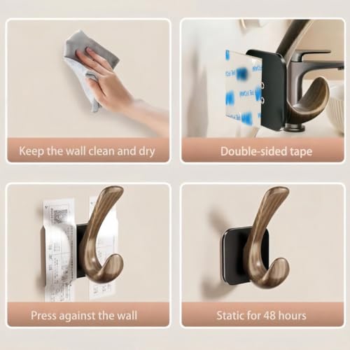 4 Pack Adhesive Wall Hooks for Hanging 22LB Heavy Duty, Wood Grain Waterproof Hooks for Coat Hat Tote Bag & Home Organization (4, Black) - color: Black