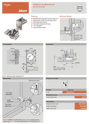 Blum 39C355B.24 Compact BLUMOTION 39C Hinge, Soft-Close, 110 Degree, 1-1/2 Overlay, Screw-on with Set of Screws (2)
