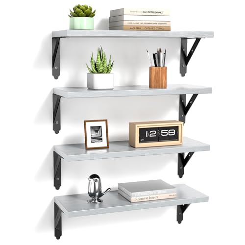 ROMGUAR CRAFT Wood Wall Floating Shelves Set of 4, 17" x 6" - Light Grey - color: Light Grey, size: 17" x 6"
