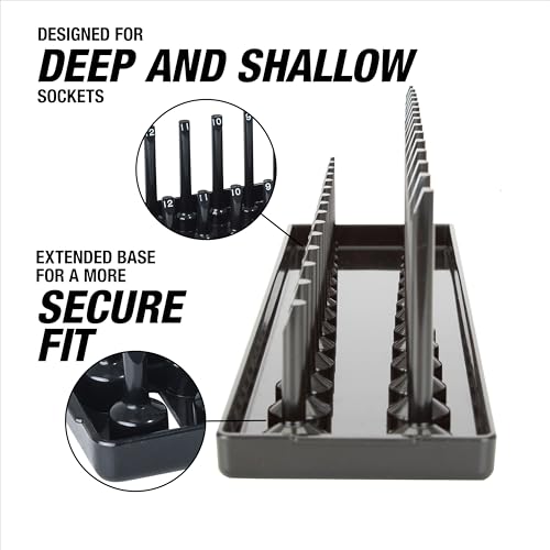 OEMTOOLS 22209 3/8" Metric Socket Organizer, 3/8 Socket Organizer for Deep and Shallow Sockets, Labeled Posts, Dual Rail, Holds 6 mm to 20 mm - size: 3/8"