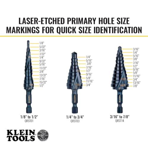 Klein Tools QRST3PC 3-Piece Impact Step Drill Bit Set with Cutting Oil/Lubricant and Modular Case, 1/2 to 7/8-Inch, Quick Release Hex Shank - size: 3-Piece Set (Small), style: Quick Release