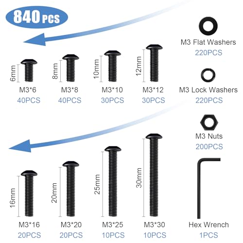 840PCS M3 Screw Kit, M3 Screws Hex Button Head Screws with M3 Bolts - size: 840PCS