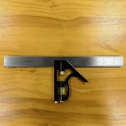 12" Combination Square, Pro Stainless Steel Ruler with 1/64" Precision Laser Etched Scale, Multi-Functional Carpenter Square with Scriber & Level