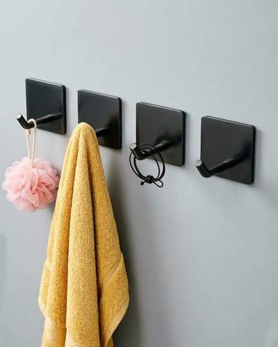 Stick On Towel Hooks for Bathroom, Heavy Duty Self Adhesive Wall Hooks, Waterproof No Drill Hangers for Kitchen Bedroom, 4 Pack Black - color: Black-4Pcs