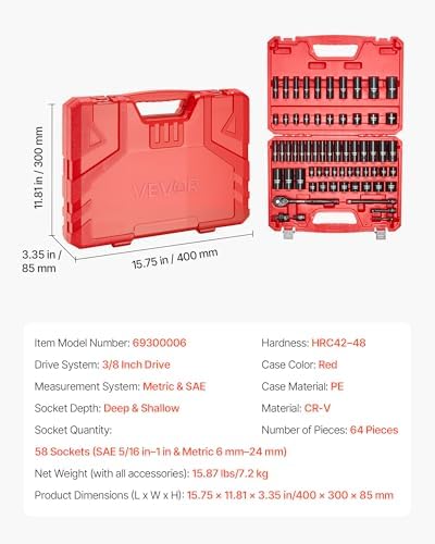 VEVOR 3/8" Drive Impact Socket Set, 64 Piece, Deep & Shallow Kit - size: 3/8" 64 PCS