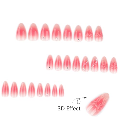 Mivota Pink Ombre Soft Gel Press On Nails 24PCS – 3D Bow Almond Fake Nails with Rhinestones, Glossy Reusable Glue On Nails for Women, Salon Quality Cute Natural Gradient Nail Tips - color: 3D-61-Red Gradient Bow