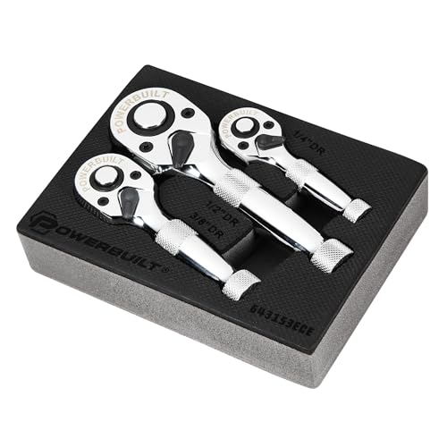 Powerbuilt 3 Piece 1/4-Inch, 3/8-Inch and 1/2-Inch Stubby Ratchet Set, Quick-Release Reversible 90 Tooth, Tight Spaces, Mini Small Ratchet Wrench - 643153ECE - style: 3 Pc Ratchet Set