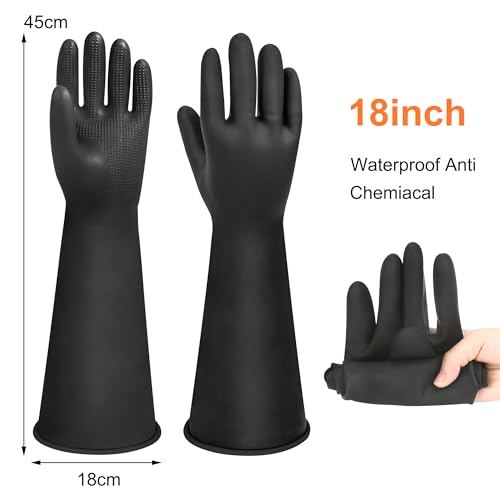 18" Chemical Resistant Gloves, Black Safety Work Heavy Duty Rubber Gloves, Long Waterproof Rubber Industrial Safety Glove for Cleaning, Gardeing,Dishwashing - color: 18 Inch