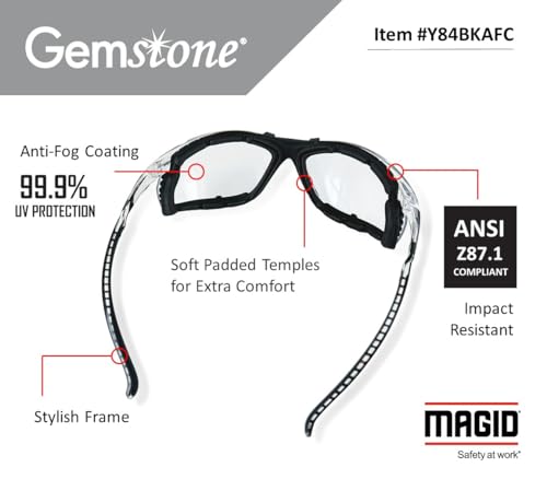 MAGID Gemstone Onyx Foam Lined Safety Glasses, ANSI Z87.1, Removable Foam Seal Blocks Dust & Debris, Anti-Fog UV Protection, Wraparound Clear Lens, Black Frame, 1 Pair, Y84 - color: Clear Lens, size: 1 Pair