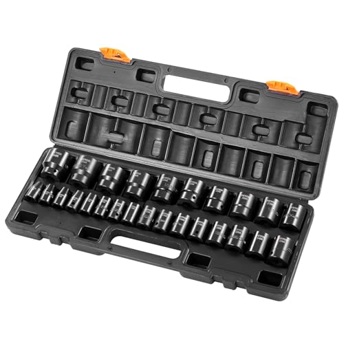 VEVOR 1/2" Drive Impact Socket Set 26-Piece, Metric (10-36mm) Sizes Standard Socket Set CR-V Material for High Durability Impact Wrench - size: 1/2" 26 PCS