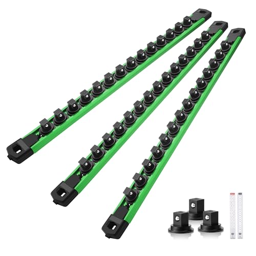 Reniteco Magnetic Socket Organizer Set, 3-Pack 3/8” Socket Rails - color: Green, size: 3/8-Inch Drive,3pc