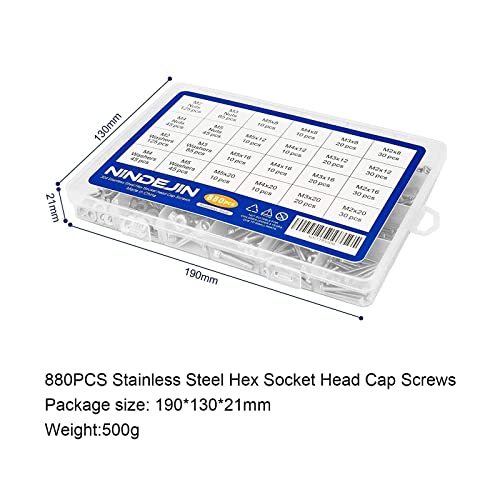 NINDEJIN 880Pcs Screw Nuts and Bolts Assortment Kit, M2 M3 M4 M5 Metric Bolts and Nuts and Washers Set, 304 Stainless Steel Precise Hex Socket Head Cap Machine Screws Set with Allen Wrenches - size: M2 M3 M4 M5 880