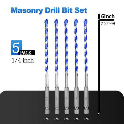 5 Pack 1/4" Masonry Drill Bit Set for Concrete,Hex Shank,4" Length - size: 1/4 inch（ 5 Pack ）, style: Hex Shank
