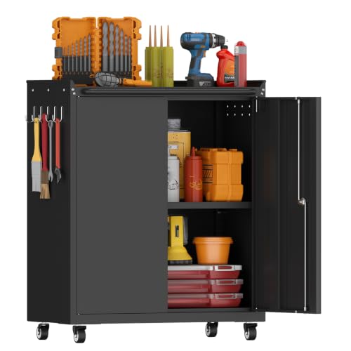 Metal Garage Storage Cabinet with Wheels, Lockable Rolling Tool Cabinet - color: Black, size: 26" W × 14" D × 31.88" H