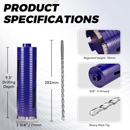 2-3/4" Core Drill Bit with Pilot Bit & Adapters(SDS Plus and 1/2" Hex), 5/8"-11 Thread, 9.5" Depth, Upgraded-Welded Segments Diamond Core Bits for Concrete, Masonry, Brick Block - size: 2-3/4"