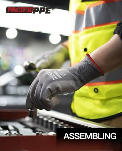 PACIFIC PPE PU Coated Grip Work Gloves, Touchscreen, Seamless Knit, Large - color: Gery (18 Pairs), size: Large(Fits like M)