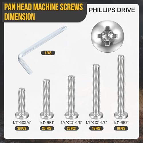 DTGN 1/4"-20 Pan Head Machine Bolts Assortment Kit 304 100pcs | Phillips Pan Head Bolt Assortment Kit with Wrench,304 Stainless Steel,Fastener For Machinery Furniture - size: 1/4"-20