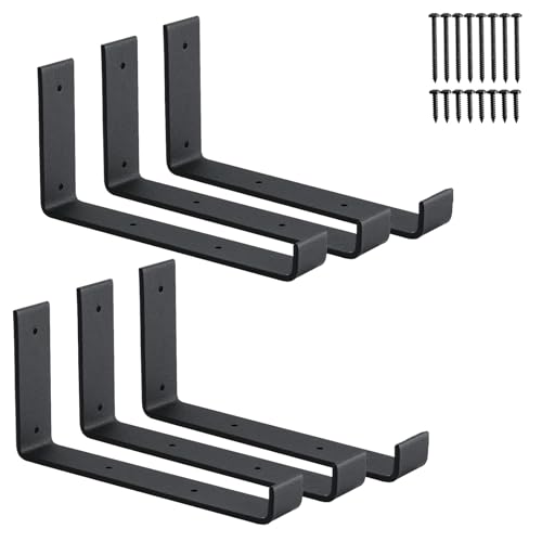 6-Pack Heavy Duty J-Shaped Shelf Brackets with Lip, 9-Inch Industrial Wall-Mounted Floating Supports for 8.8" Wide Lumber Board, Matte Black Finish, HOME MASTER HARDWARE - size: 6 Pack