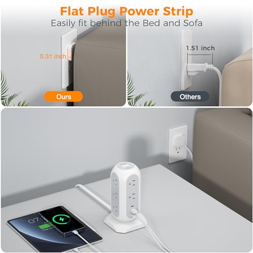 TESSAN Tower Power Strip Flat Plug with 1050J Surge Protection, 6 Ft, Grey (Pack of 2) - color: White, size: 6 Feet (Pack of 2)