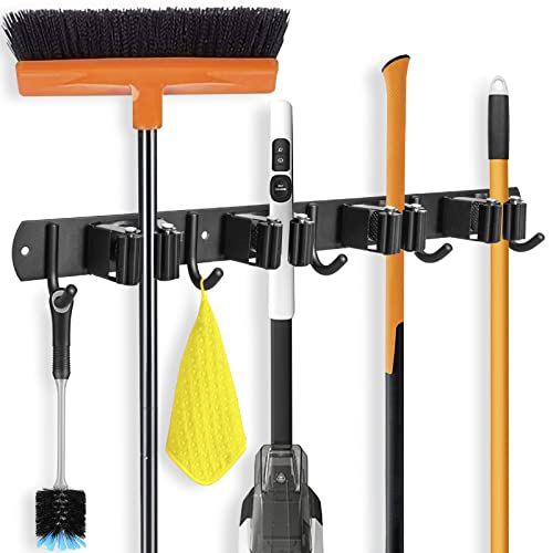 IMILLET Broom Holder Wall Mount,Heavy Duty Garage Organization Broom Hanger - color: 4 Racks with 5 Hooks, size: 1 Pack