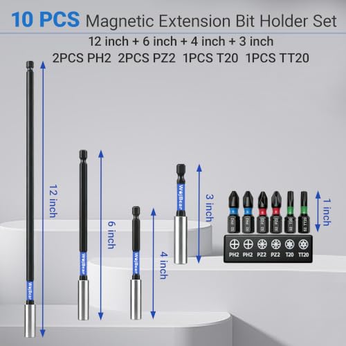 4 PCS Magnetic Extension Bit Holder Set, 3-12 inch, Drill Bit Holder for Impact Driver with 6 PCS Screwdriver Bits, 2*PZ2 2*PH2 T20 TT20 - size: 3\4\6\12 inch