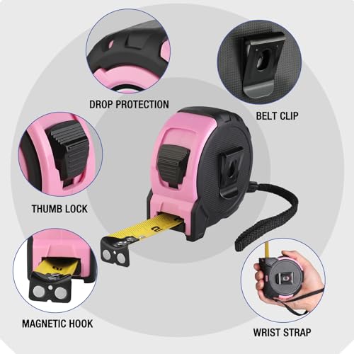 WORKPRO 25FT Pink Tape Measure, 1/8 Fractions Easy Read Measuring Tape - color: Pink, size: 25FT