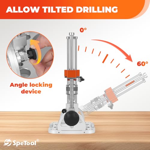 SpeTool Portable Drill Guide with Liner Ball Bearings Guide Poles, Portable Drill Press for Hand Drill Adjustable from 0-60°, 1/2” Chuck Multi Angle Drill Guide for Straight Holes, S04001