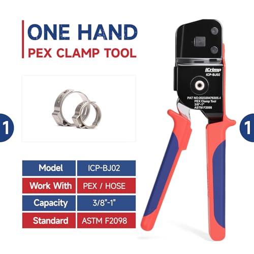iCrimp KIT-BJ02 PEX Crimping Tool Kit with PEX Clamps, PEX Pipe Cutter, One-Handed PEX Clamp Tool for Cinching 3/8-in, 1/2-in, 3/4-in, 1-in PEX Clamps, Cinch Only