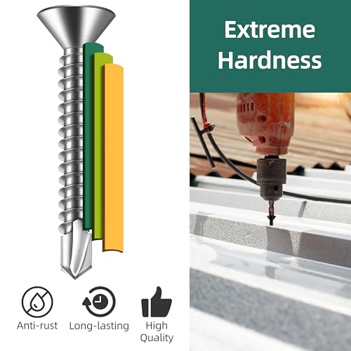 300pcs #10 x 3/4 Sheet Metal Self Tapping Screws Assortment Kit, 410 Stainless Steel Flat Head High-Strength Fast Self-Drilling Screws, Bright Finish - size: #10x3/4"