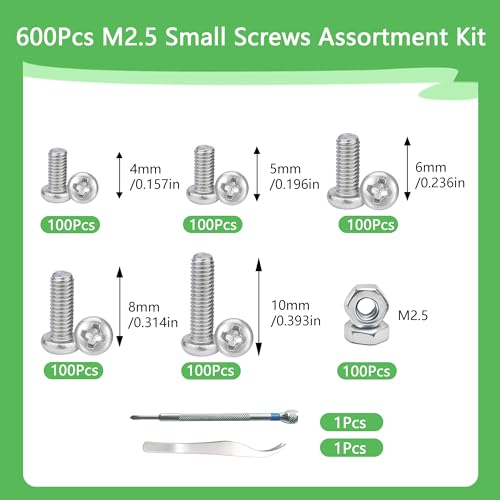 600PCS M2.5 Micro Screws and Nuts Assortment Kit, M2.5 x 4/5/6/8/10mm Phillips Pan Head Machine Screw Set with Tweezers and Screwdriver for Electronics, RC Models, DIY Repair - size: M2.5x4/5/6/8/10-600Pcs