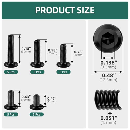 25Pcs M6 Bolts x 12/16/20/25/30mm Flat Head Hex Socket Cap Screws and Bolts Assortment Kit 304 Stainless Steel, Black Oxide Finish Furniture Bolt with Hex Key - size: M6 X 12/16/20/25/30mm