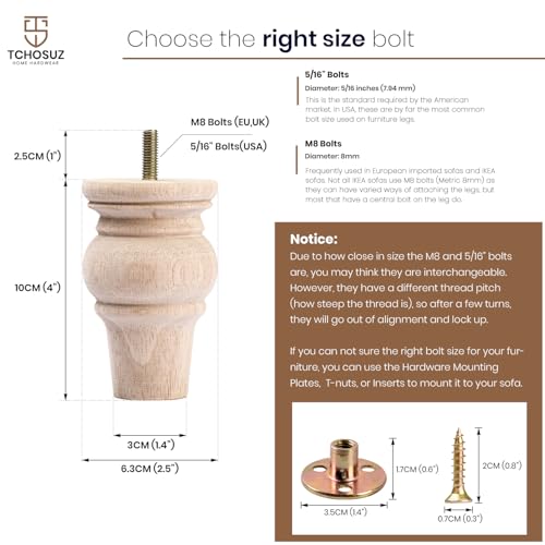 4 inch Solid Wood Bun Feet Unfinished 4-Pack with 5/16" Bolts - color: Unfinished
