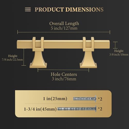 Haliwu 10 Pack Gold Cabinet Pulls, 3 inch Brushed Brass Kitchen Handles Square Dresser Drawer Hardware - color: Matte Gold, size: Hole Center Spacing：76mm (3 inch)
