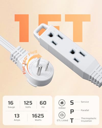 DEWENWILS 1FT 360° Rotating Flat Plug Extension Cord/Wire, 16/3, 2 Pack - color: White, size: 1FT, style: 2 Pack