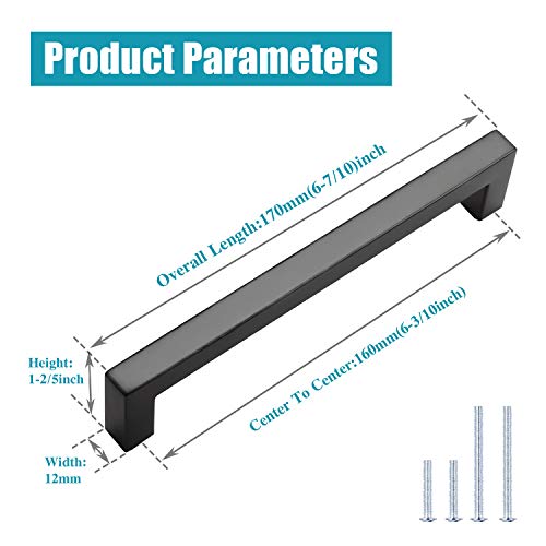KNOBWELL 6 Pack Cabinet Handles Matte Black, Euro Style Stainless Steel T Bar Kitchen Cabinet Handles - 6-3/10" Hole Centers, 6-7/10" Overall Length - color: Matte Black, size: Hole Center:6-3/10 inch(160mm)