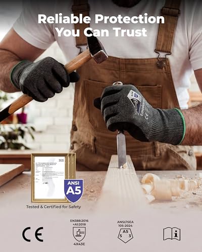 toolant ComfyCut A5 Cut Resistant Work Gloves, ANSI & EN388 Certified Protection with Second Skin Comfort, Fiberglass-Free, Touchscreen & Flexible Grip, for Woodworking, Warehouse, Assembly, Large - size: Large