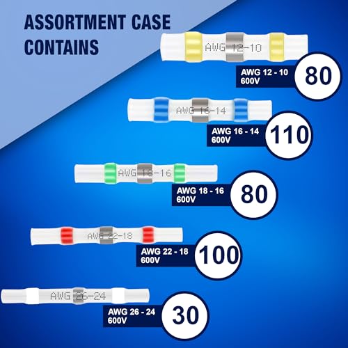 New Age America® 400pcs Solder Seal Wire Connectors Kit KableSeal™ | AWG 26-10 | Marine Heat Shrink Wire Connectors | Insulated Solderless Splice | Waterproof Butt Splice Terminals | UL - style: 400 PCS | AWG 26-10