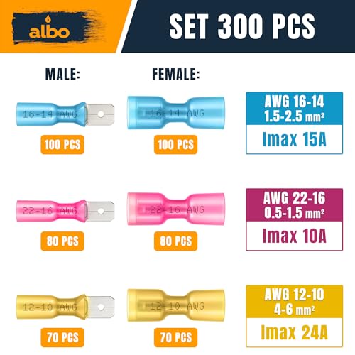ALBO 500 Pcs Heat Shrink Male and Female Spade Connector Kit, 22-10 AWG - color: Spaed Set 500pcs 22-10 AWG
