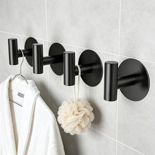 Self-Adhesive Coat Hooks, Stainless Steel Heavy Duty Wall Hooks, Towel Hooks for Hanging Robes, Aprons, Coats and Hats in Bathrooms,Kitchens and Hotels(Black, 4 Pack) - color: Black, size: Adhesive "T" Shape- 4 Pack