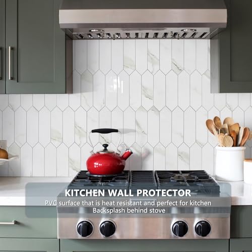 Vamos Tile Glossy White Marble Backsplash Tile Peel and Stick, 12.8 x 12.8 Inch 10 Sheets Long Hexagon PVC Self Adhesive Mosaic Wall Tiles Stick on Backsplash for Kitchen and Bathroom - color: Glossy White Marble